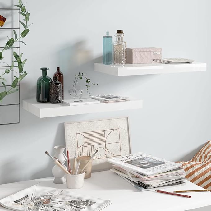 Floating Wall Shelves 2 Pack High Gloss White Modern Display Shelves 19.7x9.1x1.5 Inches MDF Board with Invisible Mounting for Living Room Bedroom Office Decor