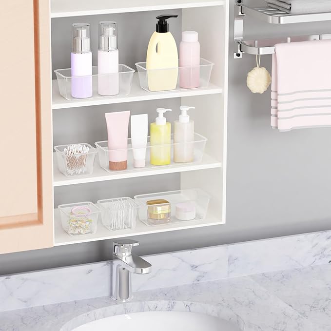 24 PCS Plastic Drawer Organizer Set, Sturdy 3-Size Makeup Vanity Desk Drawer Organizer Trays and Storage Bins for Cosmetics, Junk and Gadgets ?€? Ideal for Bathroom, Bedroom, Office and Kitchen