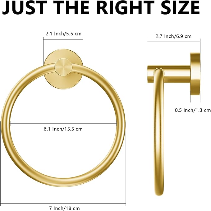 WOOPHEN Hand Towel Ring, Thicken Stainless Steel Bath Towel Holder Modern Round Towel Hanger Wall Mounted for Bathroom, Kitchen (Gold)