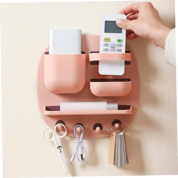 VICASKY Wall Mount Bathroom Shelf Organizer with 3 Compartments and 4 Hooks, Floating Pink Wall Holder Storage Rack for Toiletries and Bathroom Accessories