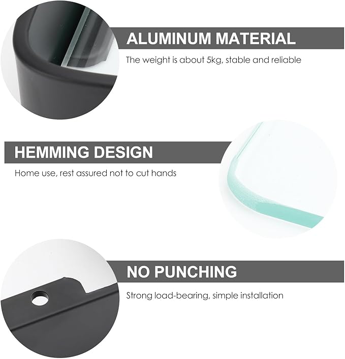 No-Drill Black Bathroom Glass Shelf Bracket Wall Mount Rack Organizer for Shampoo Cosmetics Storage Stylish Floating Corner Shelf for Toiletries Easy Installation Bathroom Wall