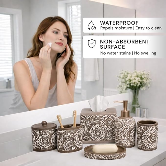 Decozen Bathroom Accessories 6Pcs Set, Soap Dispenser, Toothbrush Holders, Tumbler, Soap Dish & Cotton Swab Jar – Modern Bathroom Decor, Modern Farmhouse Decor, Countertop Accessories, Ciccone