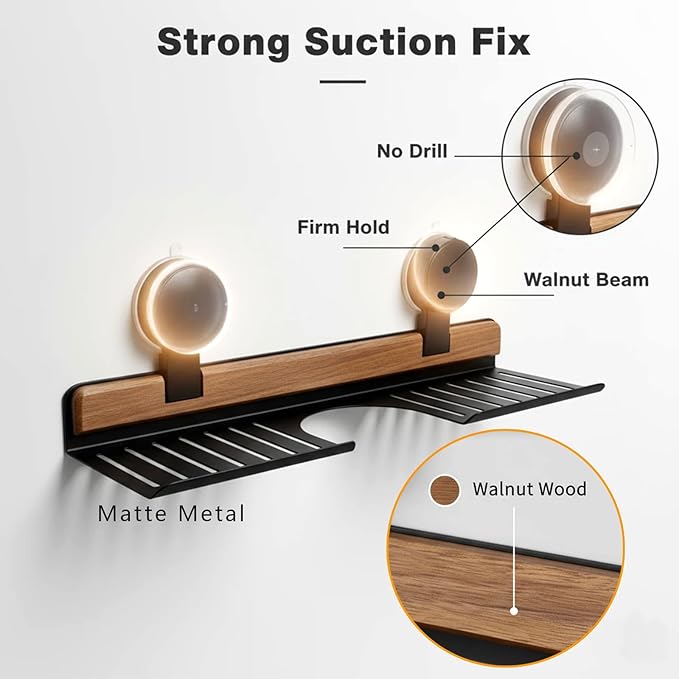 Over Sink Shelf with Walnut, 15.7" Tool-Free Organizer, Strong Suction Cup Rack with Easy Drainage for Kitchen & Bathroom