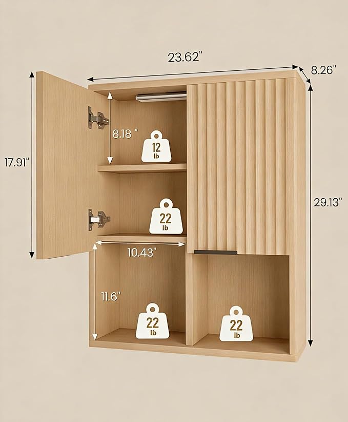 HAIOOU Fluted Bathroom Wall Cabinet with Motion Sensor Light, Curved Profile Wooden Medicine Cabinet Wall Mounted Cupboard, Wave Like Over Toilet Storage Cabinet with Buffering Hinges - Natural
