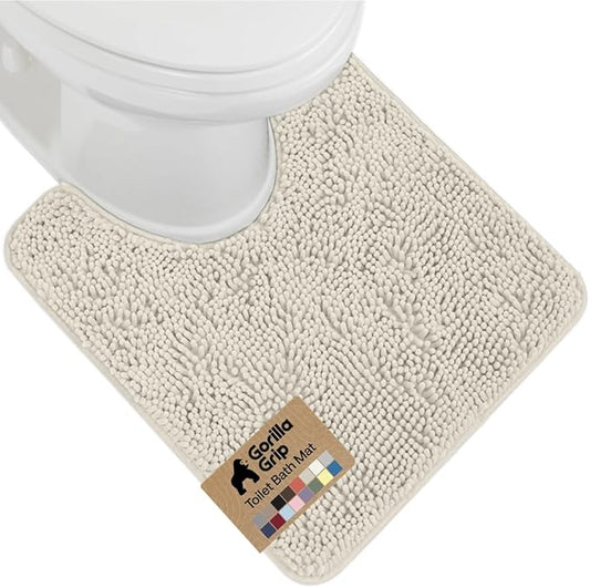 GORILLA GRIP Plush Absorbent Shaggy Chenille Bath Rug Mat for Oval Toilet Base with Rubber Backing, Machine Washable Rugs, Soft Microfiber Contour Mats for Toilets, Bathroom Decor, Ivory