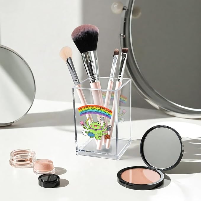 You Are Not Superhuman Acrylic Cosmetic Pencil Pen Holder Cup, Boho Cute Frog Desk Organizer Accessory for Home Office Decor, Frog Lovers Gifts, Funny Sarcastic Work Gifts for Women Men Coworker