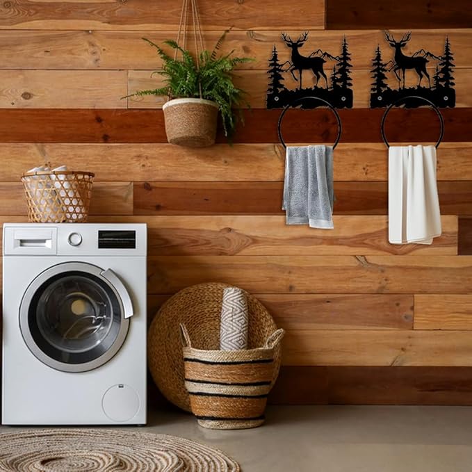 MAYJOYDIY Deer Metal Towel Ring Forest Animal Mountain Towel Holder Bath Towel Ring Wall Mounted Metal Towel Rack for Bathroom Kitchen Towel Hanger Home Decors Gift