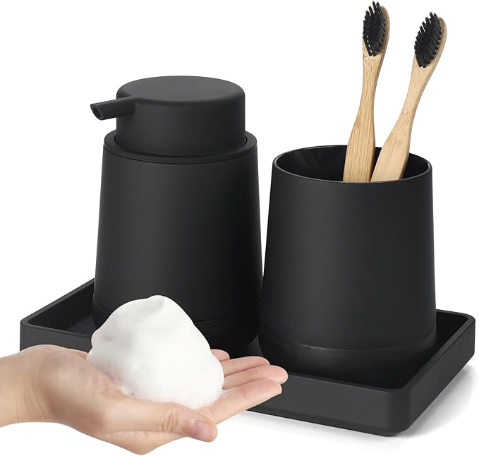GAHEFY Black Bathroom Countertop Accessories Set - Foaming Soap Dispenser and Toothbrush Holder with Silicone Boot,Vanity Tray (Black Foam)