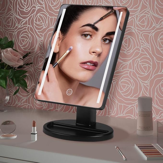 Lighted Makeup Mirror with Lights Vanity Makeup Mirror with Adjustable Brightness and 180 Degree Rotation Touch Screen Dual Power Supply Gifts for Teens Girls Women (Black)