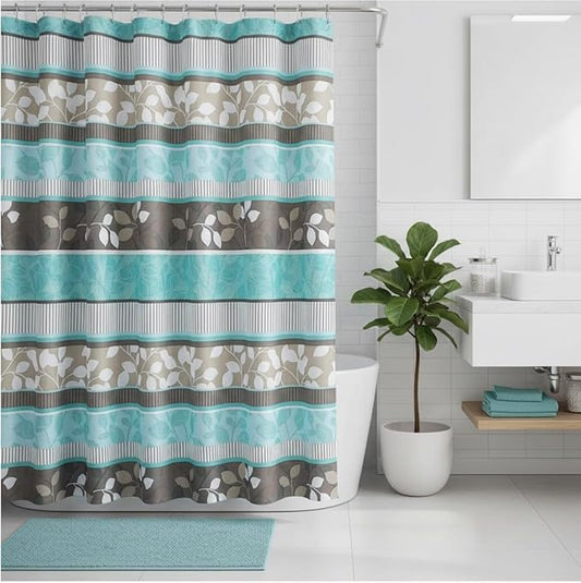Serafina Home Hotel Quality Fabric Bathroom Shower Curtain: Striped Floral - Teal, Blue, Brown, Beige and White (72 x 70 inches)