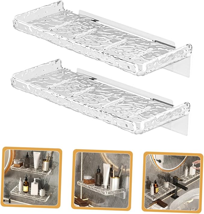 SHINEOFI 2pcs Transparent Wave Pattern Floating Wall Shelf Bathroom Storage Rack Organizer No Drilling Easy Install for Kitchen Toilet Sundries Bathroom Stand Sink