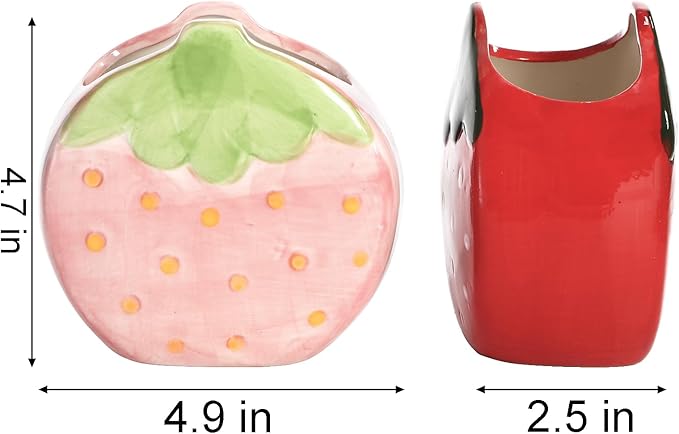 Okllen Set of 2 Ceramic Cute Makeup Brush Holders, Kawaii Strawberry Pen Holder Pink&Red for Desk, Cute Office Home Vanity Decor, Gift for Women Girls