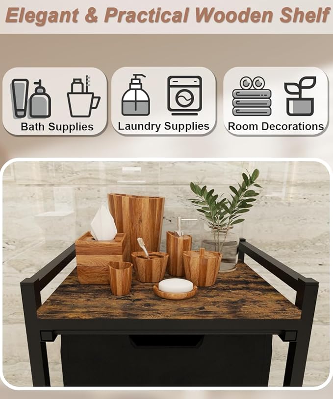 14.5 Gal Large Laundry Hamper with Wheels, Pull-Out & Removable Sorter Bags, Freestanding Clothes Basket Organizer for Clothing or Toys in Bathroom and Living Room, Rustic Brown and Black