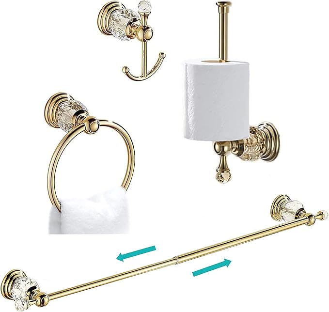 Leyden Gold Crystal Bathroom Accessories, Towel Bar Set Toilet Paper Holder Towel Ring Coat Hooks Shinny Bathroom Hardware Wall Mounted 4 Pieces with Crystal Ball Base