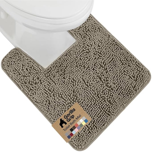 GORILLA GRIP Plush Absorbent Shaggy Chenille Bath Rug Mat for Square Toilet Base with Rubber Backing, Machine Washable Rugs, Soft Microfiber Contour Mats for Toilets, Bathroom Decor, Latte