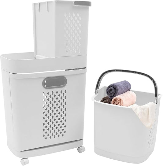 2-Tier Rolling Laundry Hampers, Space-Saving Removable Clothes Hamper Organizer, Modern Grey/White Rolling Storage Cart for Bedroom, Laundry Room, Bathroom