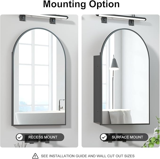 Recessed Medicine Cabinet with Mirror,Arched Medicine Cabinet Mirrors for Bathroom,Brushed Black Medicine Cabinets in Wall,Bathroom Mirror with Storage,Mirrored Medicine Cabinets 20x30