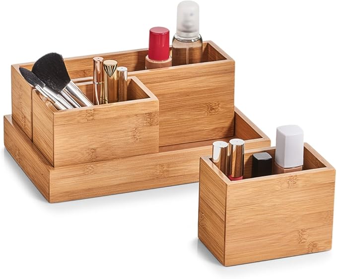 Zeller 25387 Organiser Set 4 Pieces Bamboo Approx. 28 x 17.7 x 11 cm Office Makeup Utensils Storage