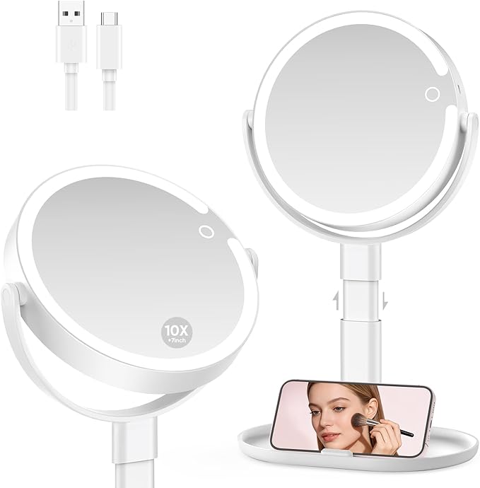 Lighted Makeup Mirror with 10X Magnification, Rechargeable LED Magnifying Vanity Mirror with 3 Lights, Adjustable Height, Storage Base and Phone Holder, White, 7 inch