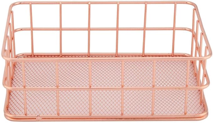 Fdit Makeup Storage Basket Organizer Rose Gold Iron Cosmetic Storage Holder Desktop Decor Household Woman Girl Lady(C)