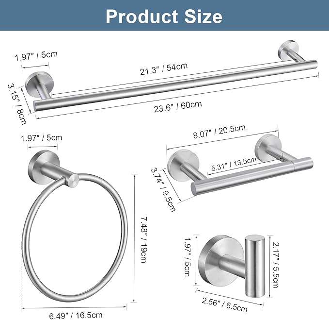 Brushed Nickel Bathroom Hardware Accessories Set, 5 Pieces Round Towel Bar Set Toilet Paper Holder Towel Rail Set for Bathroom Stainless Steel Wall Mounted Bathroom Set,23.6 in