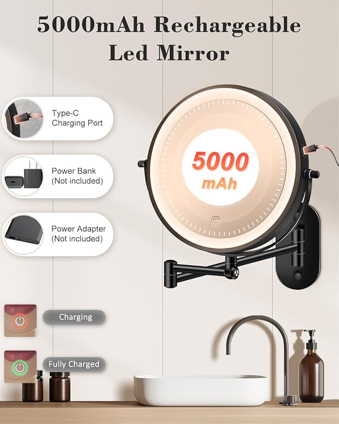 vpu 9" Wall Mounted Makeup Mirror with Light, 20X/1X Height Adjustable Double Sided Magnifying Bathroom Lighted Mirror, 3 Color Touch Dimmable Extended Arm 360 Rotation Light up Magnification Mirrors