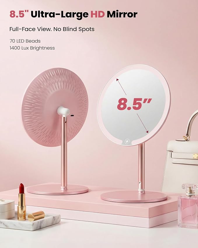 SJZX Cute Pink Lighted Makeup Mirror, Rechargeable Vanity Mirror with 70 LEDs & 1400 Lux, 3 Color Lighting, Dimmable Touch Screen, Portable Detachable Stand for Desk & Tabletop, Women Gift
