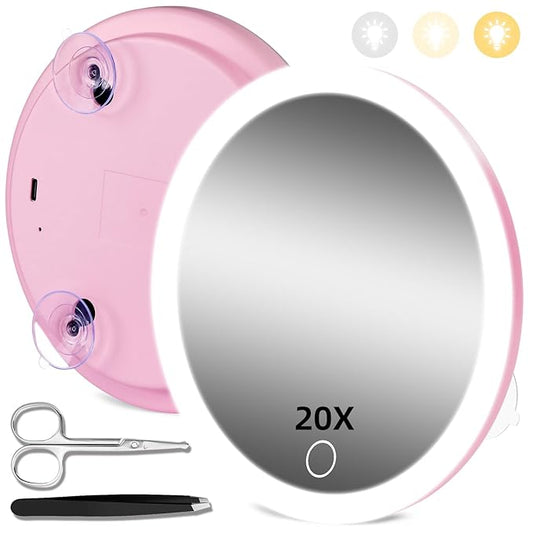20X Concave Magnifying Mirror with Lights, 3-Color Light Adjustable Brightness, 6inch Travel Magnified Mirror with Suction Cups, Large 20x High Makeup Magnification and Tweezers