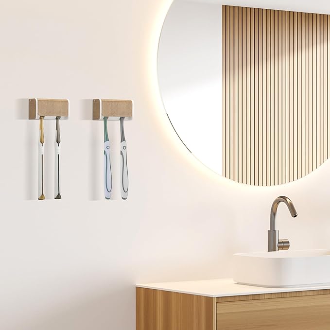 PARKMANI 2 PCS Toothbrush Holders Wall Mounted with Cover, Electric Tooth Brushing Holder for Bathroom, 2 Slots Self Adhesive Toothbrush Organizer, Toothbrush Stand for Family, Kids (2, Wood Grain)