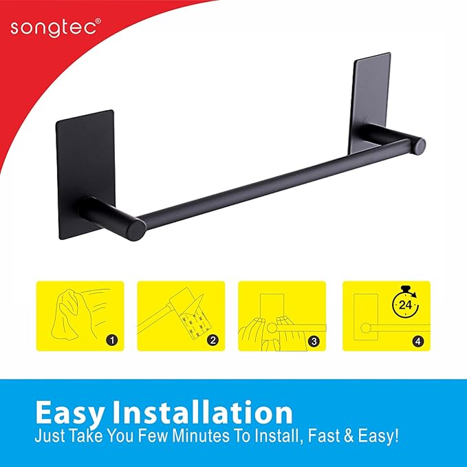 Songtec Stick Towel Bar Black 12-Inch, Adhesive Bath Towel Rack No Drill, Strong Adhesion Tape Mount Towel Holder, Stainless Steel - Black