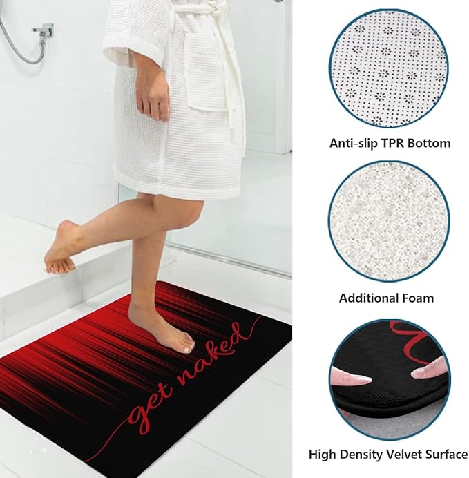 AAtter 4 Piece Red and Black Shower Curtain Set Get Naked Funny Adults Gothic Mens 60Wx72L Curtains Decor with Non-Slip Rugs, Toilet Lid Cover and Bath Mat Bathroom Accessorie Home Bathtub Set, Ombre