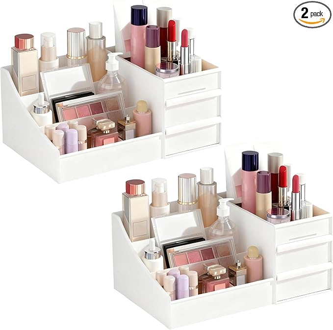 Makeup Organizer with Drawers, Cosmetic Organizer for Vanity Dresser Bathroom Countertop, Large Capacity Makeup Organizer for Skincare, Lipstick, Palettes, Perfume & Brush Display Holder 2Pack