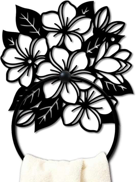 MAYJOYDIY Flower Clusters Metal Towel Ring, Frangipani Flowers Black Hand Towel Holder, Branch Leaves Hanging Ring Wall Mounted Bathroom Accessories for Bathroom Kitchen Home Decoration Gift