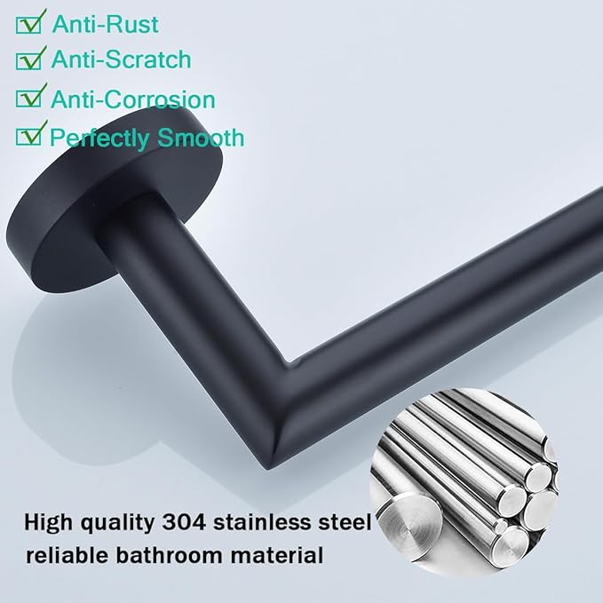 Matte Black 4 Pieces Bathroom Hardware Accessories Set with 18 Inch Towel Bar,Toilet Paper Holder,Towel Hooks,SUS 304 Stainless Steel Wall Mounted Bathroom Towel Bar Set,SE96018S-4MB