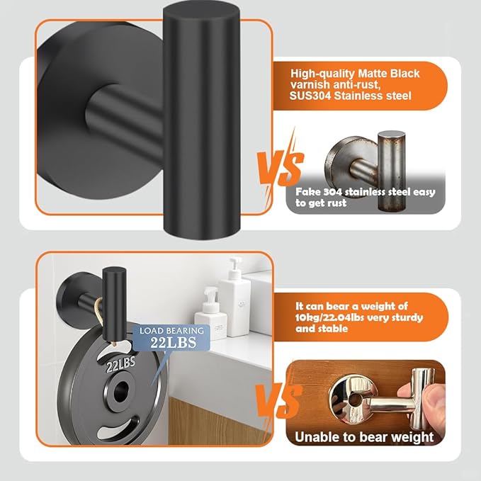 5 Pieces Bathroom Hardware Accessories Set Matte Black, 24Inch Round Towel Racks Set for Bathroom, SUS304 Stainless Steel Towel Bar Set, Toilet Paper Holder with Shelf Wall Mounted