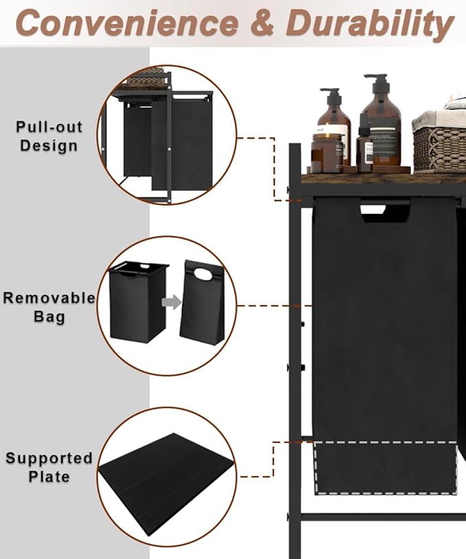 12 x 2 Gal Large Laundry Hamper with Wheels, 2 Pull-Out & Removable Sorter Bags, Freestanding Clothes Basket Organizer for Clothing or Toys in Bathroom and Living Room, Rustic Brown and Black