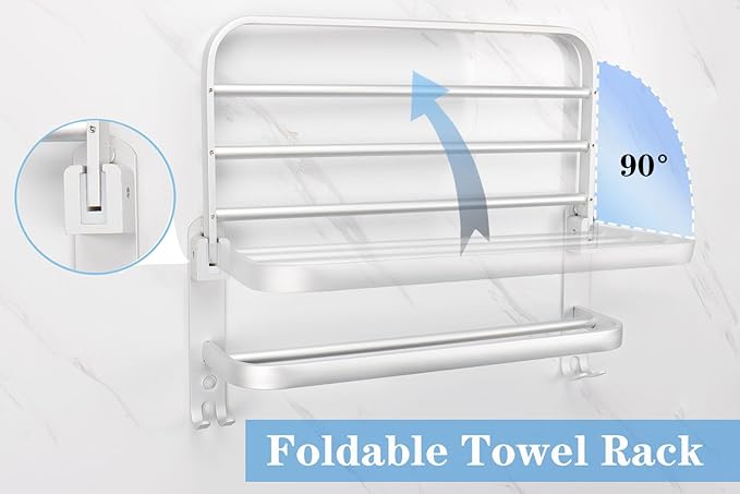 Towel Rack for Bathroom, Bath Towel Holder with Double Towel Bar and Fold-able Towel Shelf, Rustproof Towel Organizer Wall Mounted Towel Storage Hanger for Bath/Balcony/Lavatory(24In Sliver)