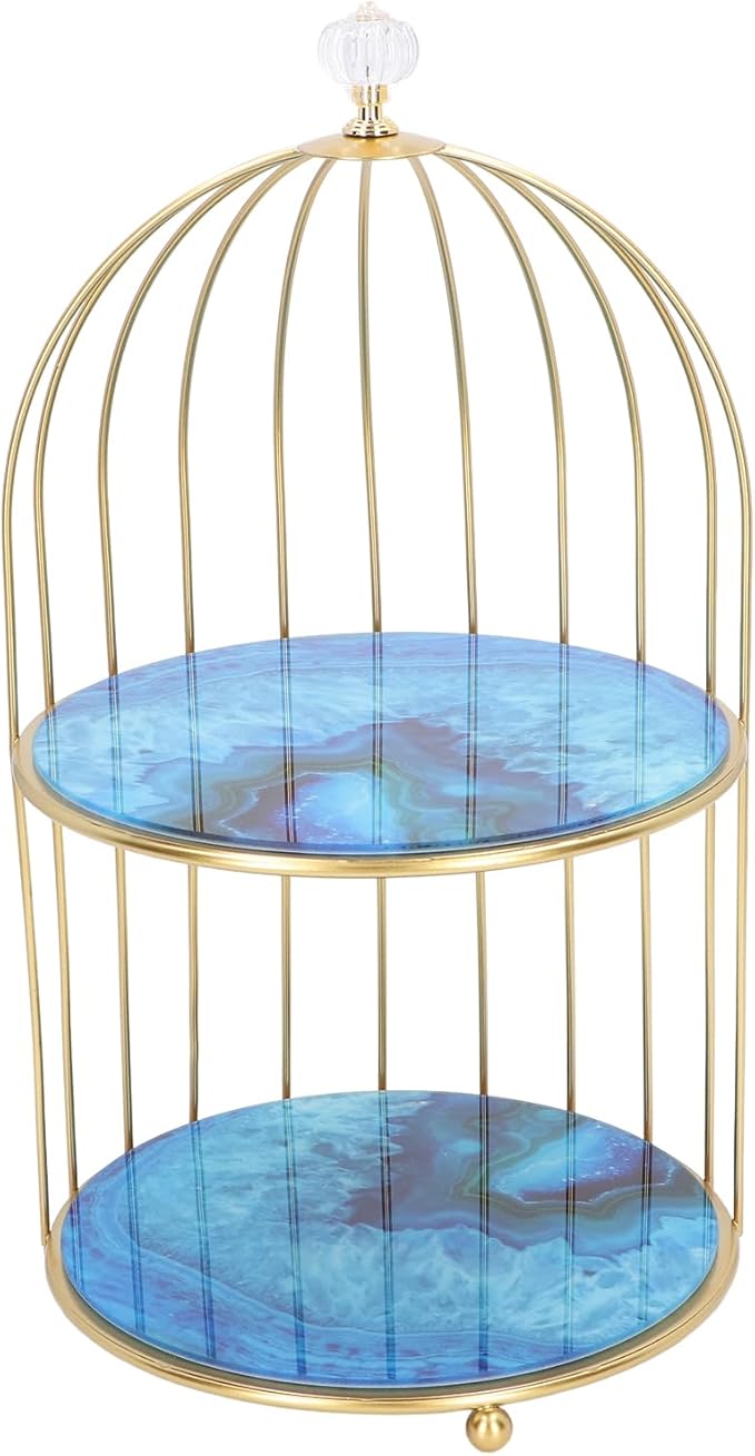 Double Layer Storage Shelf Bird Cage Organizer Display Rack for Bathroom Countertop Dressing Table Gold Frame (Agate Stone Pattern)