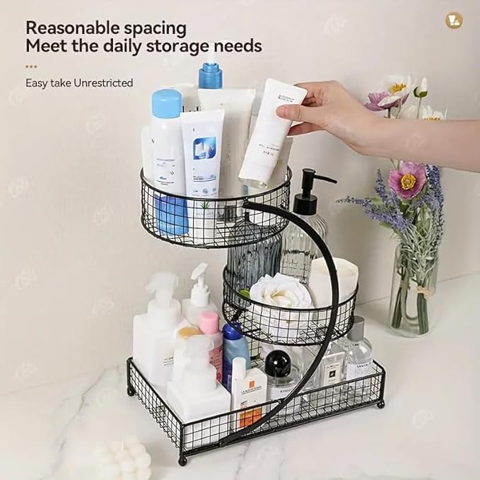 3-Tier Metal Cosmetic Organizer,Cosmetic Storage Rack for Vanity Tables,Multipurpose Metal Bathroom Organizers and Storage, Home and Office use Countertop Organizer (Round-Black)