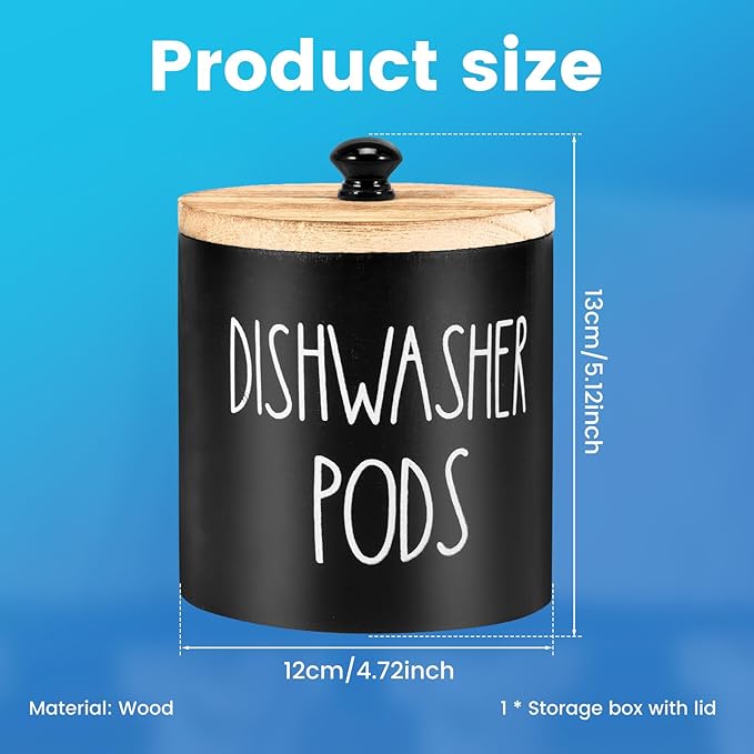 Round Dishwasher Pods Container, Wood Dishwasher Pod Holder with Lid for Kitchen Decor, Laundry Pod Container for Laundry Detergent Storage (Black)