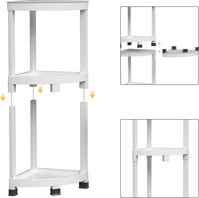 GallopFun Corner Shower Stool for Inside Shower, Waterproof Shower Bench for Shaving Legs, Plastic Anti-Fracture Shower Seat/Foot Rest with Baffle Storage Shelf, Rapid Assembly DIY Shelf (White)