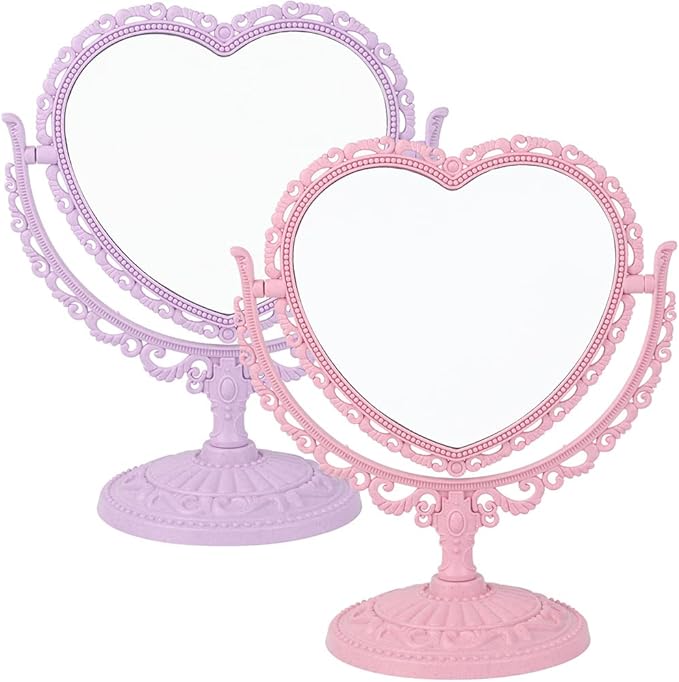 AKOAK Heart-Shaped Cosmetic Mirror - Plastic, Double-Sided, Rotatable, Lightweight - Bathroom & Bedroom Mirror (Purple)