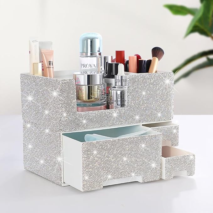 Luxury Bling Rhinestone Multi-functional Makeup and Daily Necessities Storage Box Organizer with Drawers - Large Capacity, Versatile Desktop Cosmetic Organizer (Silver)