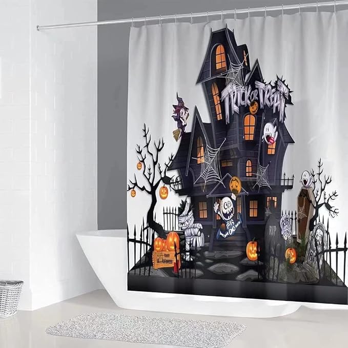 NBVKO Halloween Pumpkin Waterproof Shower Curtain,with Non-Slip Rugs,Toilet Lid Cover and Bath Mat,Bathroom Shower Decor Accessory Set