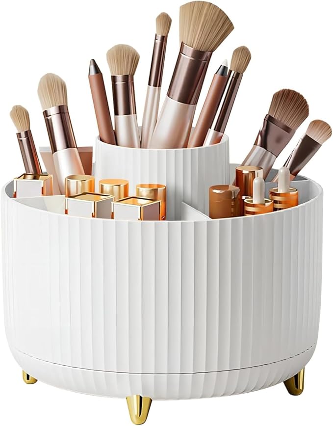 Makeup Brush Holder,360° Rotating Makeup Brush Organizer,5 Slot Make up Brushes Cup for Cosmetics,Large Capacity,For Nail Polish, Art Supply, Bathroom Vanity,Cosmetics Organizer,White