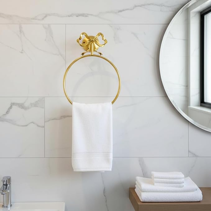 MorningRo Coquette Gold Bow Towel Holder Brass Gold Bow Hand Towel Ring Retro Bathroom Hardware Accessories Vintage Girly Wall Mount Hanger Ring for Room Bathroom Kitchen Decor