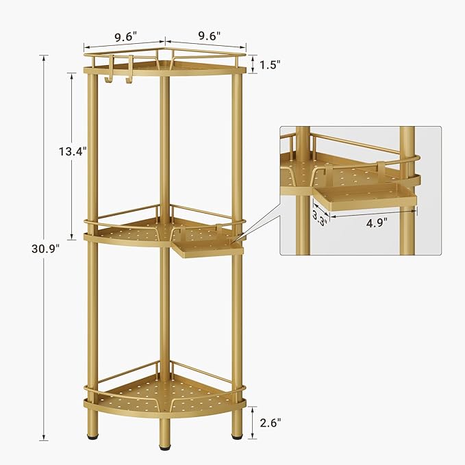 ELYKEN Corner Shower Caddy Standing, 3 Tier Rustproof Metal Shower Organizer with Soap Holder, Floor Shower Corner Shelf Rack Storage Stands with Adjustable Feet & 2 Hooks for Bathroom, Gold