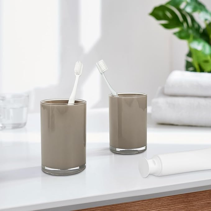 Thickened Bathroom Accessories Set, 4-Piece Bathroom Accessories Set with 2 Toothbrush Cups, Soap Dispenser, Soap Dispenser (Light Brown)