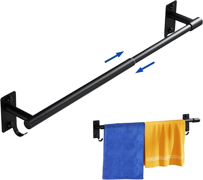 Adjustable Towel Rack for Bathroom, Stainless Steel Sturdy Towel Bar Rod (14.5”-23.6”) Wall Mount, Rustproof Towel Holder with Hanger Hook, Space-Saving Towel Rail for Bathroom Kitchen - Black