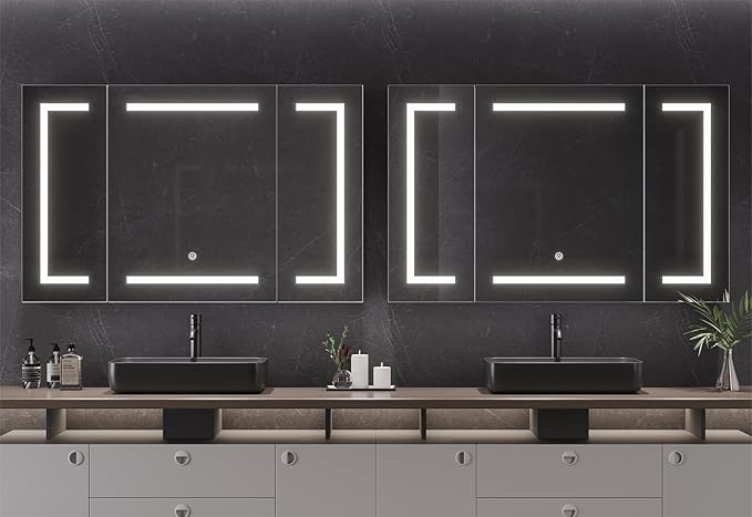 DICTAC Medicine Cabinet with Mirror and LED Light, Wall Mounted Bathroom Mirror with Storage, 3 Doors Bathroom Wall Cabinet, Memory Dimmable 3 Color Temp, Adjustable Shelves, 39.4''x23.6''